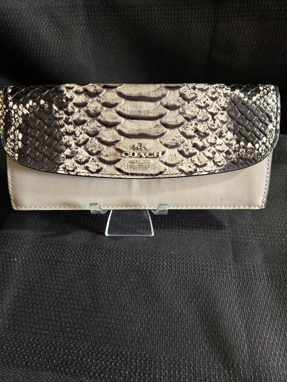 Coach Neutral Leather Clutch/Wallet with Snake-Print Flap